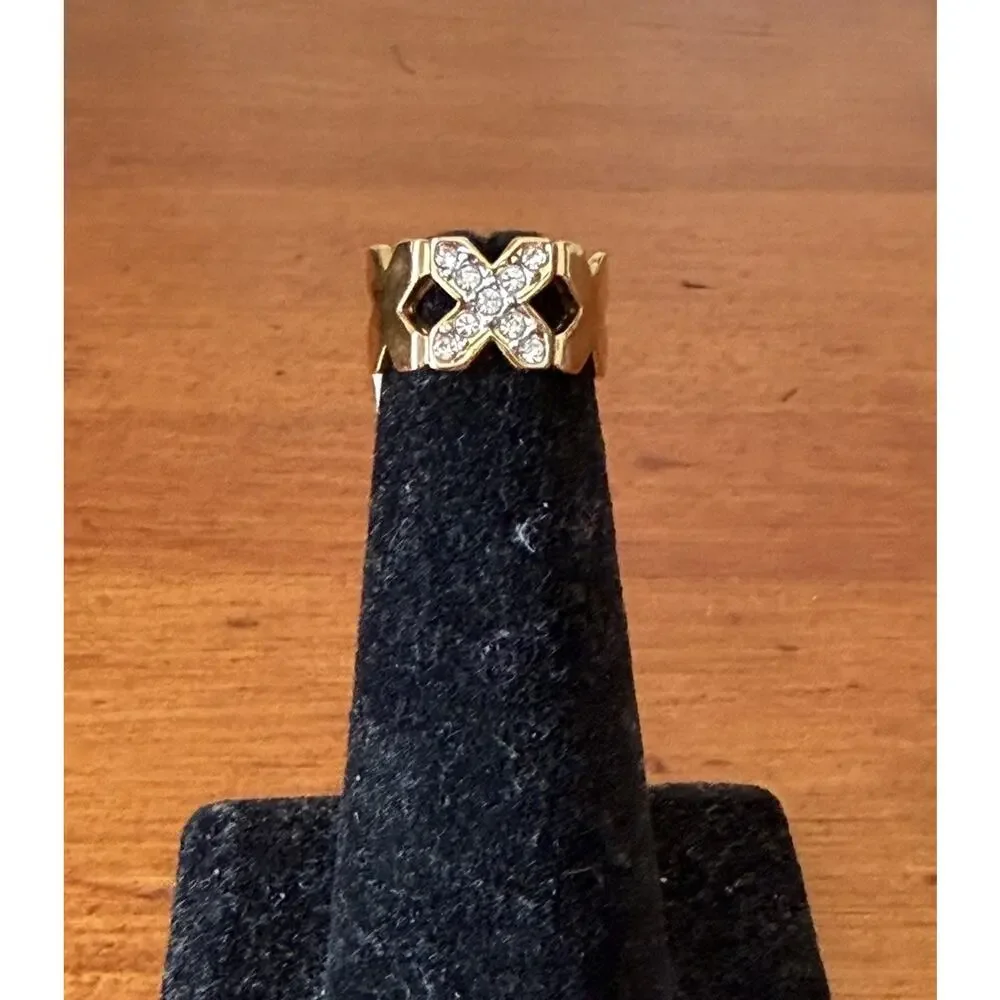 Vintage 18K HGE Gold Plated X Motif Austrian Crystal Ring Size 5 USA